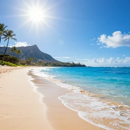Artstation art of a beautiful beach with fantastic luxury blue colors on the beach of hawaii, UHD quality, stunning beauty, incredible light from the Sun, award-winning beauty