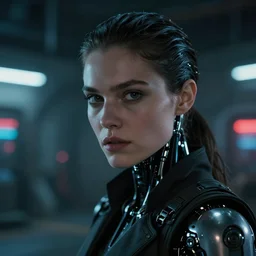 film still of closeup cyborg beautiful model in blade runner 2 0 4 9, space port, cinematic, moody, gritty neon noir by emmanuel lubezki