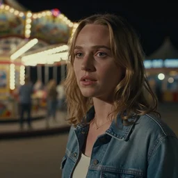 A close-up, color outdoor film still of a Alicia Amanda Vikander in the amusement arcade, ambient lighting at night, from Blade Runner(1982).