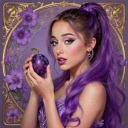 beautiful cottagecore Ariana Grande holding a purple plum, purple hair, purple flowers, intricate, elegant, highly detailed, digital painting, artstation, concept art, smooth, sharp, focus, illustration, art by artgerm and greg rutkowski and alphonse mucha