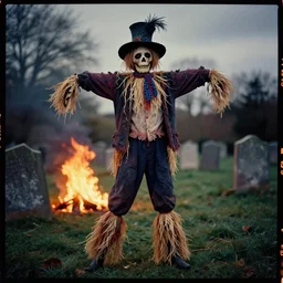 kodak portra 4 0 0, wetplate, muted colours, fire, 1 9 3 0 s award winning colour portrait of a beautiful and hyperdetailed spooky dancing scarecrow very long feet in an old cemetery on fire in 1 8 8 0 s london by saul leiter, insanely detailed, night, insanely intricate, depth of field, motion blur, vivid colours, blueberry
