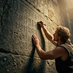a stonemason carving intricate runes into a stone wall, fantasy concept art, cinematic framing, cinematic lighting, movie poster art, digital art, intricately detailed, blockbuster movie art