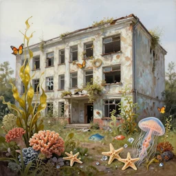 hyperrealistic detailed painting of an abandoned soviet building, with flowers, butterflies, corals, sea kelp, sea plants, fish, starfish, jellyfish, diamonds, filaments, golden filigree, neon lights, art by ernst haeckel, john william godward, hammershøi, alphons mucha, pontormo, ornamental, decorative, art nouveau wallpaper, lights by hopper, pastel deep colours,