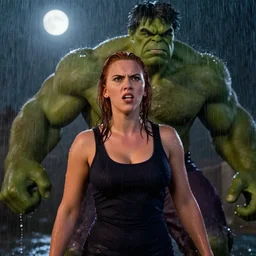 angry muscular scarlett johansson as dr bruce banner 1 9 7 7 the incredible hulk tv series, first transformation scene, soaking wet in the rain, moon lighting