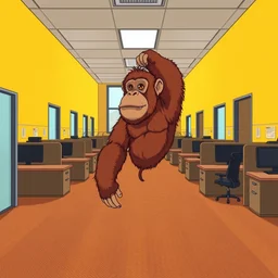 do you want to draw an orangutan in an empty 9 0 s office building with no windows doors or furniture the building has brown carpet and yellow wallpaper as an anime?