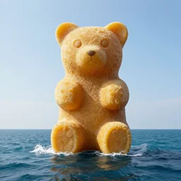 a giant sculpture of a giant gummy bear on the surface of the ocean, award winning, hyper - realistic, very detailed, realistic water, ray tracing, 8 k resolution, long - shot, sharp focus, low angle, 8 5 mm photograph, wide lens
