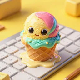 hyperrealistic popart very cute multicolored ice cream with eyes melting! on keyboard jason limon digital painting dramatic yellow lighting high angle hd 8k sharp shallow depth of field