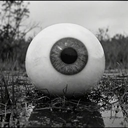 movie still of a well - defined giant eyeball over a swamp, cinestill 8 0 0 t 3 5 mm b & w, heavy grain, high quality, noir, natural textures, photorealistic, ambient occlusion, hd, ultra wide lens, anamorphic