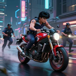 concept art of an akira motorbike being chased by police on wet cyberpunk city streets at night cyberart in the style of liam wong in the film akira rendered in octane, 3 d render, trending on cgsociety, blender 3 d 8 k, 3. 2 secs at f / 6. 3, iso 1 0 0, 1 2 - 2 4 mm f / 4 at 1 2 mm