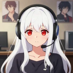 anime visual of a cute girl, with + ( ( red eyes ) ) + long white hair + ( ( wearing a headset in her room interior ) ), poster by ilya kuvshinov, akihiko yoshida, yuya nagai