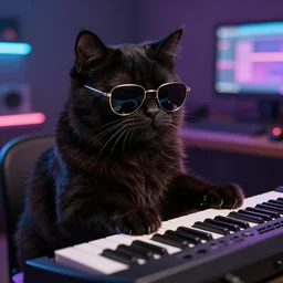 the fluffiest black cat in the entire universe, wearing sunglasses, playing a keyboard, synthwave style