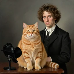 fat orange tabby cat and curly haired man in american gothic by grant wood