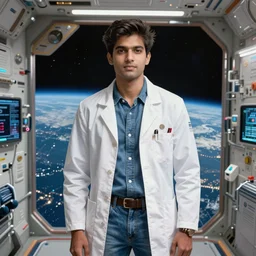 Sensuous good looking pale young Indian doctors wearing jeans in a space station above Earth, portrait, elegant, intricate, digital painting, artstation, concept art, smooth, sharp focus, illustration, art by artgerm and greg rutkowski and alphonse mucha