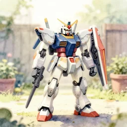 world's smallest mecha on your backyard. watercolor by award - winning mangaka, backlighting, intricate details, muted pastel palette, depth of field.