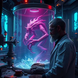 hd photorealistic concept art, mad biopunk scientist in his futuristic lab with prototype monstrous demigod floating in enclosed glass tank, universal 3 d bioprinter, mri, cnc robot arms, vibrant, hyperdetailed scifi concept art, artstation, octane render hdr, rtx, by caravaggio, inspired by masamune shirow and ross tran and james gurney