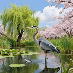 a majestic blue heron in shallow pond stalking fish, beautiful willow and cherry blosom trees, lily pads, bullrushes, marsh, puffy clouds, highly detailed digital art
