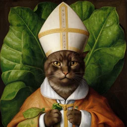 a reneissance painting of a maincoon cat among big green leaves wearing a bishop hat, very detailed, in the style of mantegna