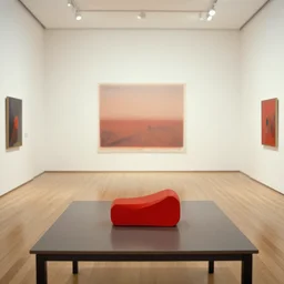 a red object on a table in a vast room, by marcel duchamp, archival pigment print, 1 9 2 0, academic art, conceptual art
