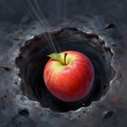 apple falls into black hole becoming warped and stretched, vibrant digital painting