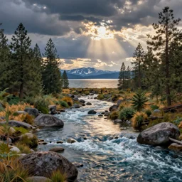 A Beautiful View of the Truckee River near Lake Tahoe, art by Frederic Edwin Church and Thomas Cole