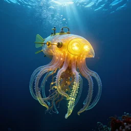 bioluminescent cyberpunk siphonophore, extreme light, yellow submersible with lights on, deep ocean, organic, mariana trench, sun rays, midnight zone, bubbles, hyper realistic, hyper detailed, digital art, trending in artstation, studio quality, photorealistic, photo, by jesper ejsing, wlop, paul lehr
