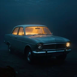 digital art - an old car underwater with warm light inside it dark cold atmoshperic by greg ruthkowski and craig mullins, trending on artstation