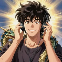 portrait of a swaggy man listening to music with a dragon on his shoulder, Hirohiko Araki style