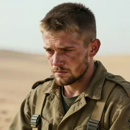 portrait of muscular, tired and alcoholic 3 4 - year - old grieving man with short darkblonde hair, serious sad look in his eyes, looking down, dirty beard, blue eyes, crying tears, wearing dirty soldier uniform, on the desert, sad atmosphere, hyper realistic face, character art, art by mark brooks, cryengine, trending on artstation, digital art