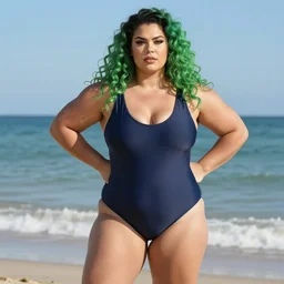 portrait of a posing thick strong she - hulk at the beach wearing a swimsuit with her arms behind, summer, sea, hot day, sunlight, broad robust and strong figure, long curly green hair, well toned muscles, beautiful, highly detailed, sharp focus, donato giancola and thomas kinkade, pinup