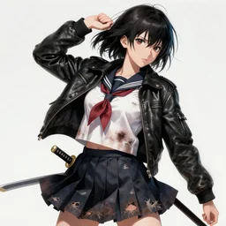 portrait of a beautiful! alluring anime woman wearing a 2 0 3 0's stained dirty torn japanese school uniform, gorgeous face, leather bomber jacket, katana scabbard, realistic, hyper detailed, dynamic action poses, concept art, in style of junji ito, manga aesthetic