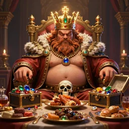 an intricate concept art, photorealism, a angry fat bearded king, feasting on a table full of food, skull throne, treasure chest full of jewelries, glowing crown, ultra photorealistic, pinterest, artstation, cgsociety, pinterest, digital art, hyper detail, anime colors, style by wlop, octane render, 8 k