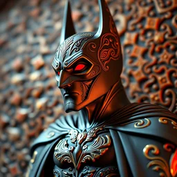 a photo - real delicate sculpture of an ornate detailed batman in front of a intricate background by aj fosik, micro detail, backlit lighting, octane renderer, colorful, physically based rendering, tribal art, trending on cgsociety h 7 0 4