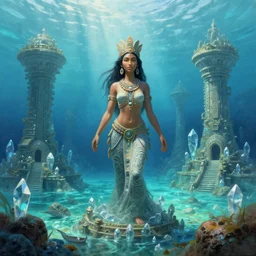 polynesian peace goddess, crystal clear lemuria sunken architectural marvels, crisp realistic fantasy art painting