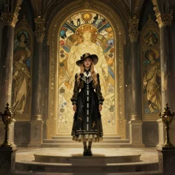 a gorgeous woman with long light-blonde hair  under hat and wearing a jacket with road dress, standing on the altar of carcosa in another world, distance view, 1920 style, lovecraft horror, highly detailed, digital painting, artstation, sharp focus, illustration, art by artgerm and alphonse mucha