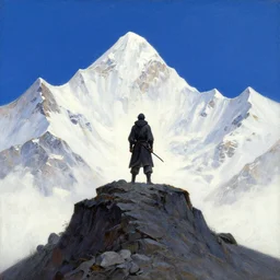 painting of a lonesome warrior at the peak of himalayas, style of conrad roset, kentaro miura