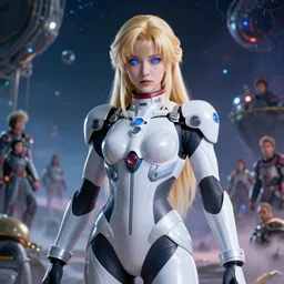 studio portrait of an absurdly beautiful divine mecha japanese female goddess with blonde hair and glowing royal blue eyes in luxurious space suit in a scenic multiversal environment by james jean, amano yoshitaka, marc simonetti, jean giraud, martine johanna, josan gonzalez, peter mohrbacher, smooth, sharp focus, octane render