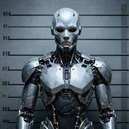 A mugshot of a cyborg criminal