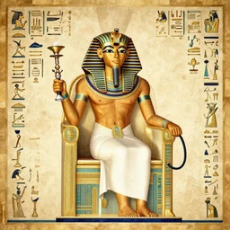 pharaoh sitting on his throne holding a hookah, ancient egyptian hieroglyph, masterpiece