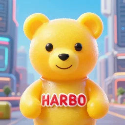 portrait of haribo bear in future city, color and shape focus, c