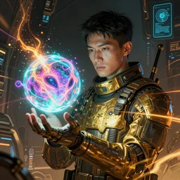portrait sci-fi art by Moebius and Ruan Jia and Michal Kus, a glowing alien neon orb floating above the hand of a soldier, solar flares, magnetic waves, futuristic environment, detailed and intricate environment, holographic symbols, cyberpunk, neon color bioluminescence, gold and black metal, dramatic lighting, cinematic, high technology, highly detailed portrait, digital painting, artstation, concept art, smooth, sharp focus, ilustration, Artstation HQ