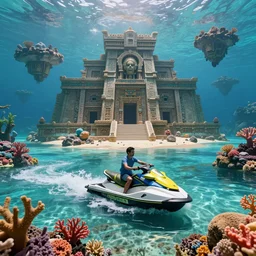 ultra realistic, alien world, submerged, aquatic, aztec architecture, jet skis, high tech, vibrant coral, clear water, sand, rocks, floating city