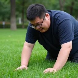 fat man wearing glasses trying to touch grass and crying, dslr photo