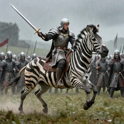 cinematic still of King Arthur going to battle on his magestic zebra and wielding Excalibur as he charges the enemy, raining, 4k, masterpiece, by Greg Rutkowski, Trending on Artstation