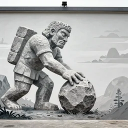 massive painted mural of a stone giant placing a boulder in the field, highly detailed, beautiful colors, golden ration, in the style of sandro boticceli