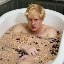 boris johnson in a bathtub filled with beans beans beans