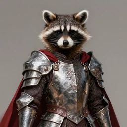 Portrait of a raccoon humanoid wearing heavy armor. Iron armor, red cape, clothing. Fantasy, intricate, elegant, highly detailed, digital painting, artstation, concept art, smooth, sharp focus, illustration.