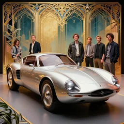 retro futuristic car ad by tyler edlin and petros afshar and christopher balaskas and marius borgeaud and kiliain eng, atomic age maximalist, art nouveau, well proportioned, highly detailed