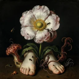 disgusting disturbing strange dutch golden age oil painting bizarre mutant flower floral still life with many human toes realistic human toes blossoming everywhere insects very detailed fungus tumor disturbing tendrils bizarre slimy forms sprouting up everywhere by rachel ruysch christian rex van minnen black background chiaroscuro dramatic lighting perfect composition masterpiece high definition 8 k 1 0 8 0 p