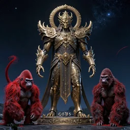 celestial still frame from'gods vs celestials'mcu movie, ancient mythological ornate god killer construct by hidetaka miyazaki, doom eternal biomechanical demon by beksinski and jakub rozalski, red fibre aldrich gorilla by chiharu shiota