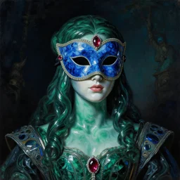 a portrait of a liquid porcelain sapphire malachite ruby model with a venetian mask. night time. deep reflective green blue tones. renaissance masterpiece. highly detailed sci - fi fantasy painting by norman rockwell, frank frazetta, johfra bosschart, and syd mead. rich colors, high contrast, dark background. artstation